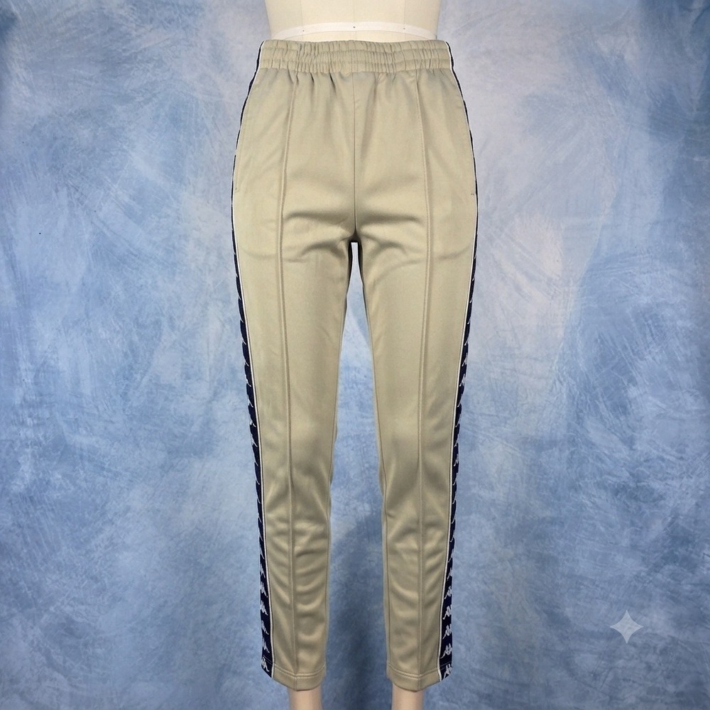 Kappa Banda Track Pants Khaki Tan Navy Blue Logo Tape Joggers Womens Medium
